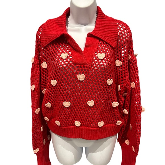Farm Rio Red and Pink Handmade Hearts Knit Sweater Medium New with Tag - Picture 7 of 16